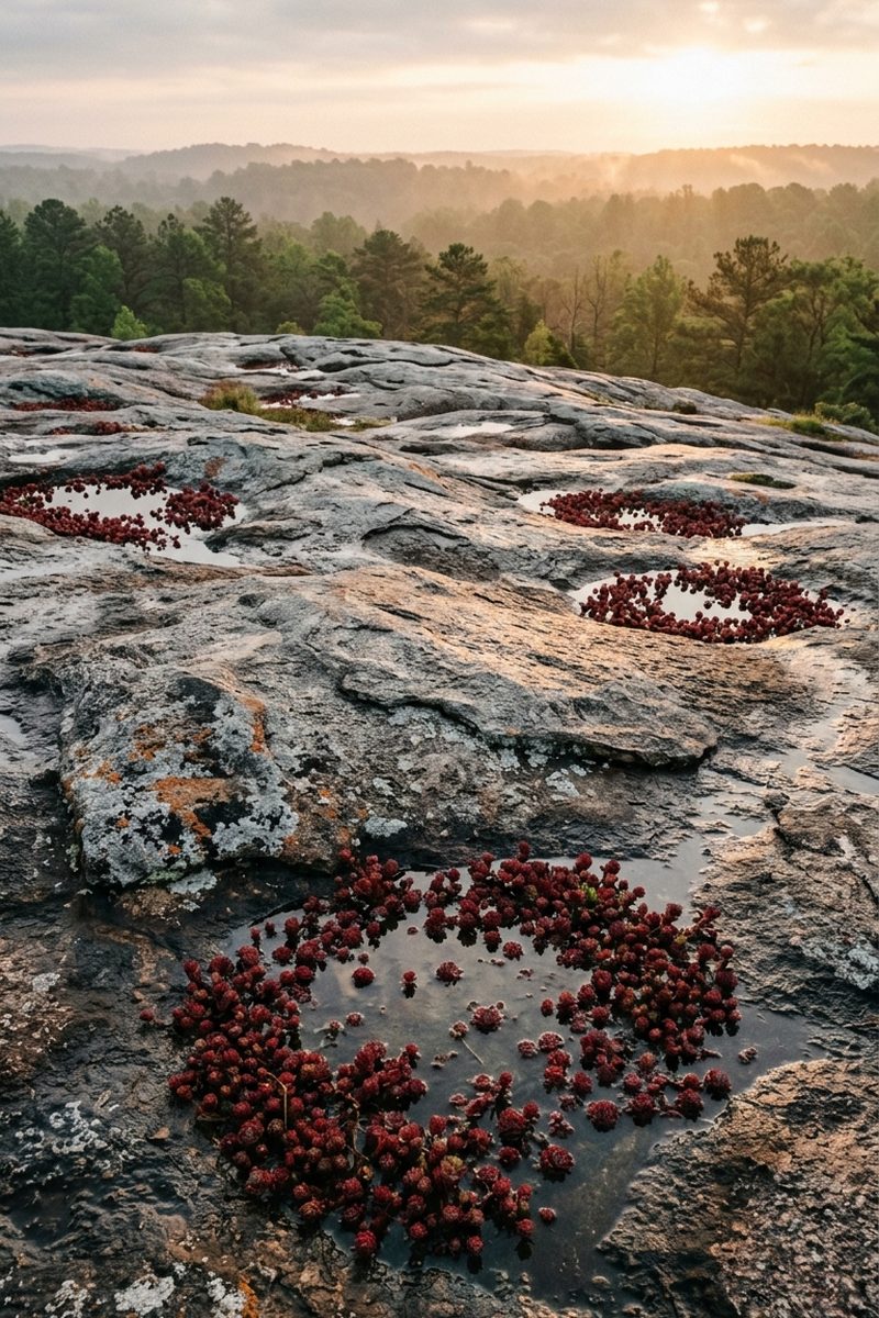 Bare grey granite dome with shallow pools holding red rosette plants, low sun raking across the rock surface