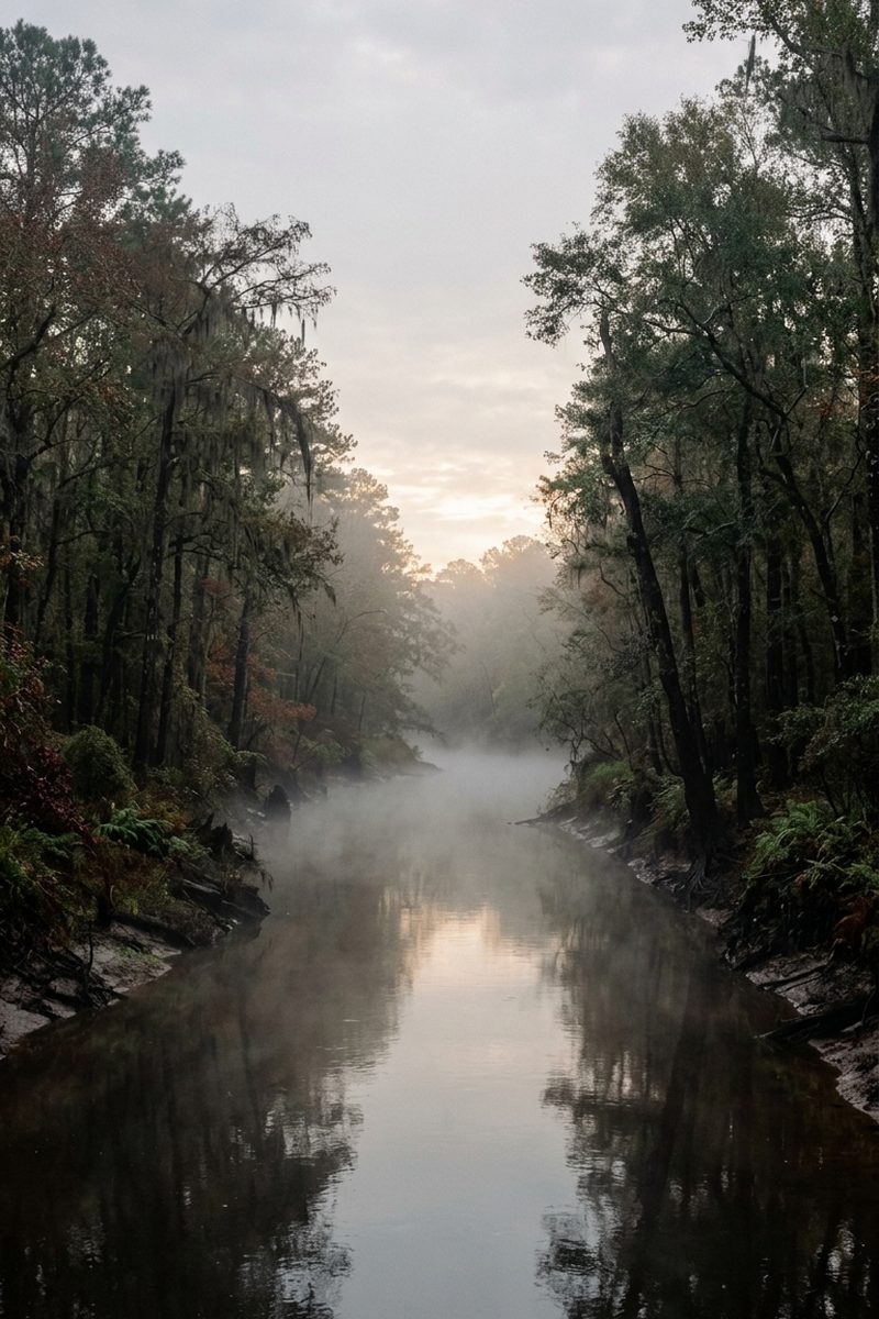 A narrow band of white fog lying on the surface of a wide river at first light, dark trees behind it