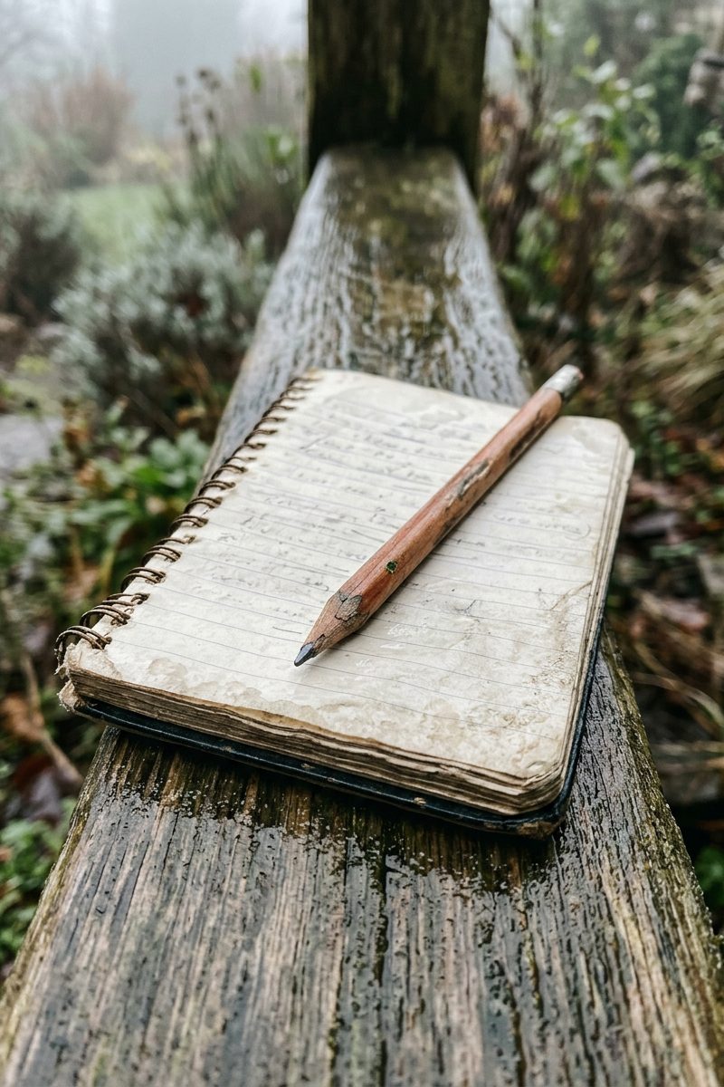 Small notebook with pencil lying open on a wet wooden rail, paper visibly damp at the edges