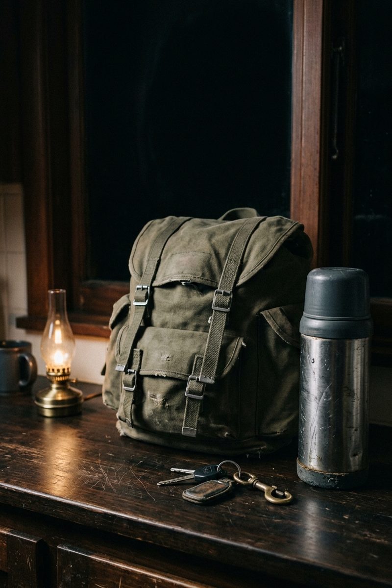 Dark kitchen counter before dawn with a packed bag, keys and a flask arranged in a row under a single lamp