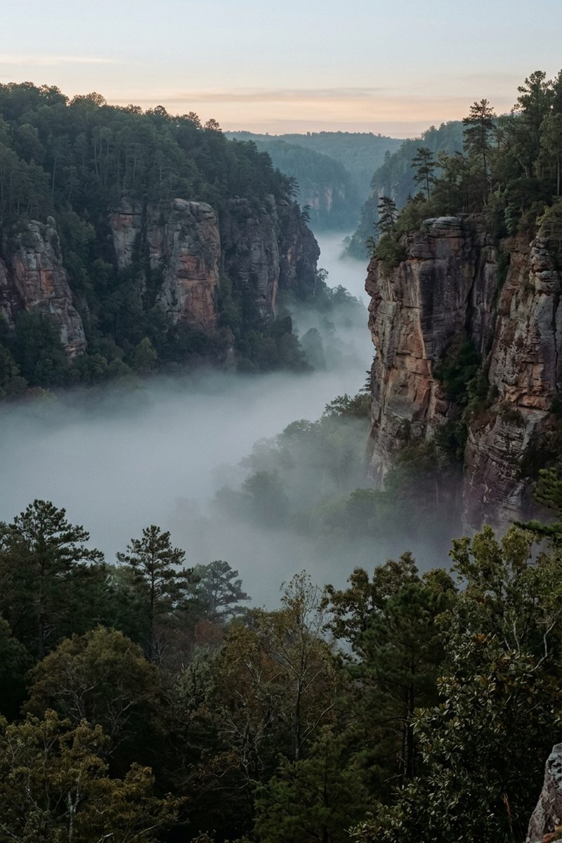 Deep wooded gorge filled with pale haze at dawn, rock walls visible above the haze line