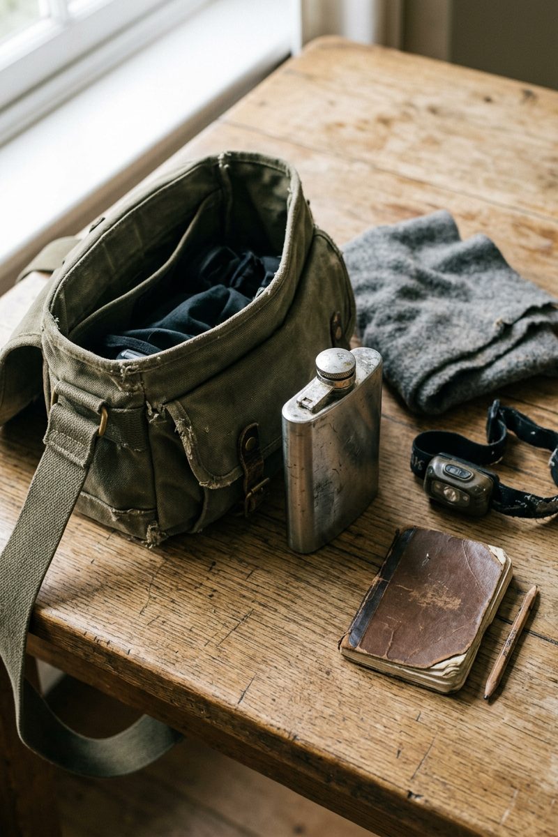 Small canvas bag open on a wooden table with a flask, folded cloth, head torch and notebook laid beside it