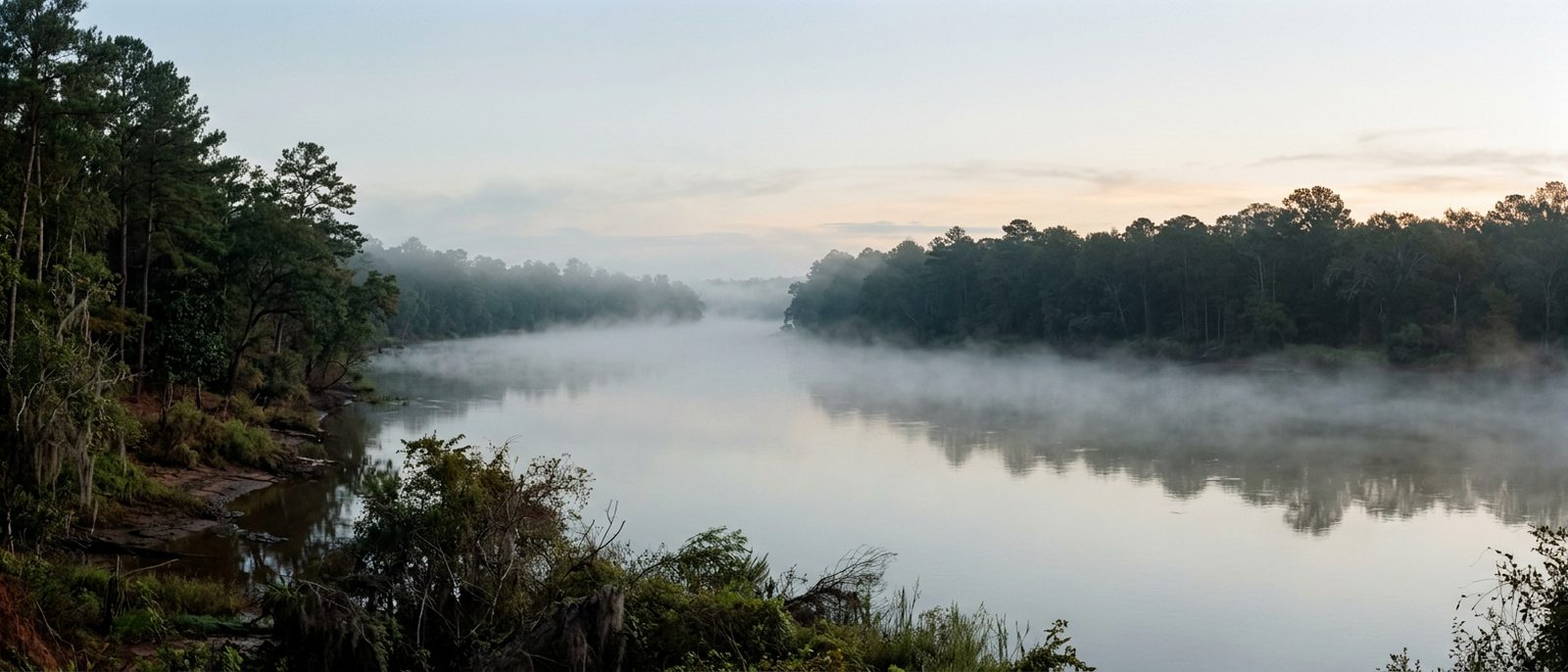 Low river fog lying over a wide southern river at first light, pine banks on both sides