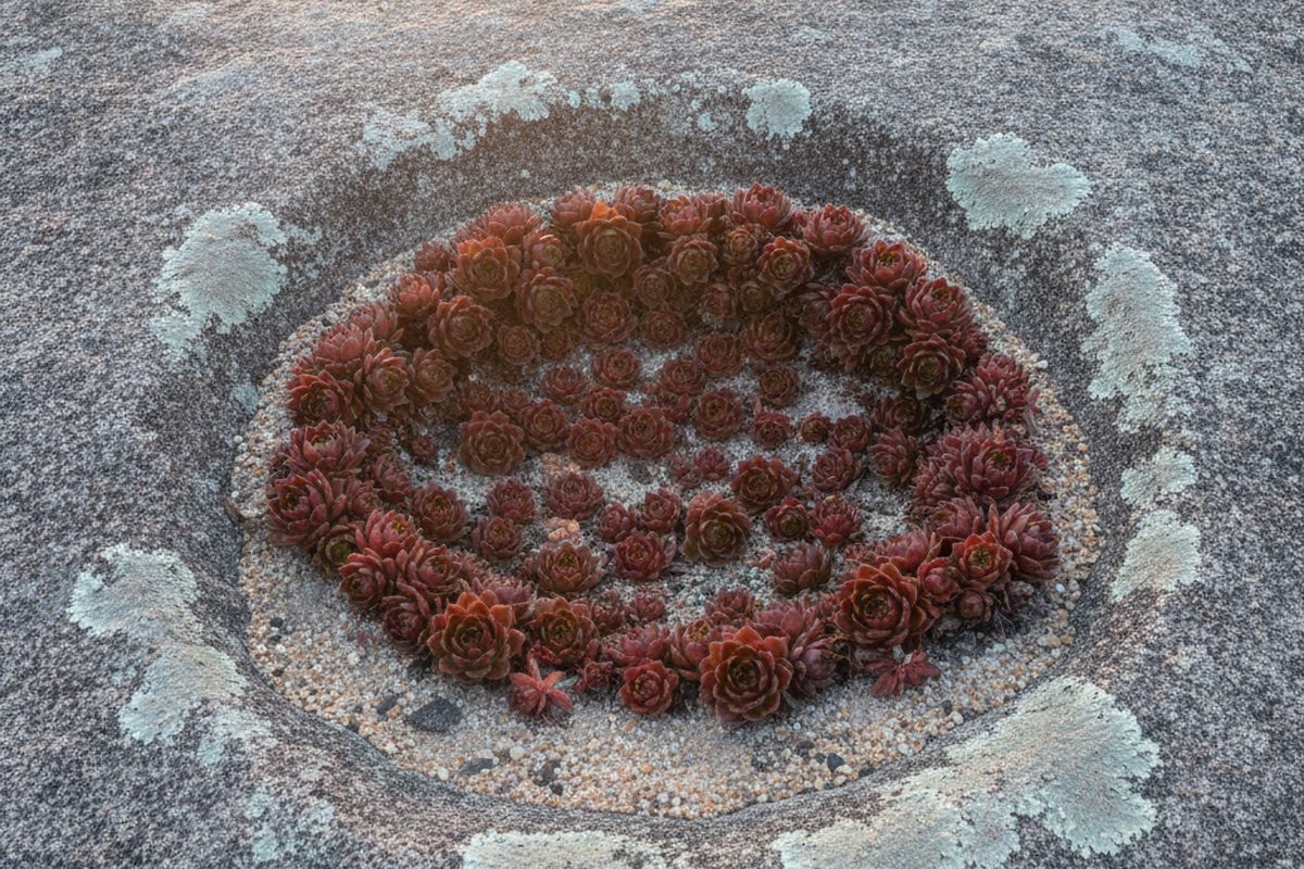 Close view of a shallow rock depression filled with dense red rosette plants and a rim of grey lichen