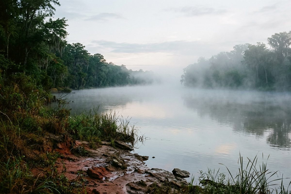 Wide view of a southern river at dawn with a low band of fog on the water and pale sky above the far treeline