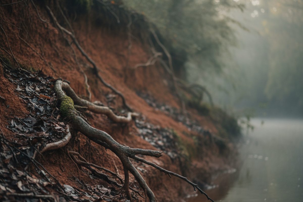 Close view of a muddy river bank with exposed tree roots and wet clay at the water's edge in low light