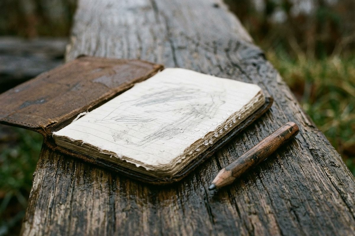 Hand written field notes on damp paper with a short pencil, taken on a wooden surface in flat morning light