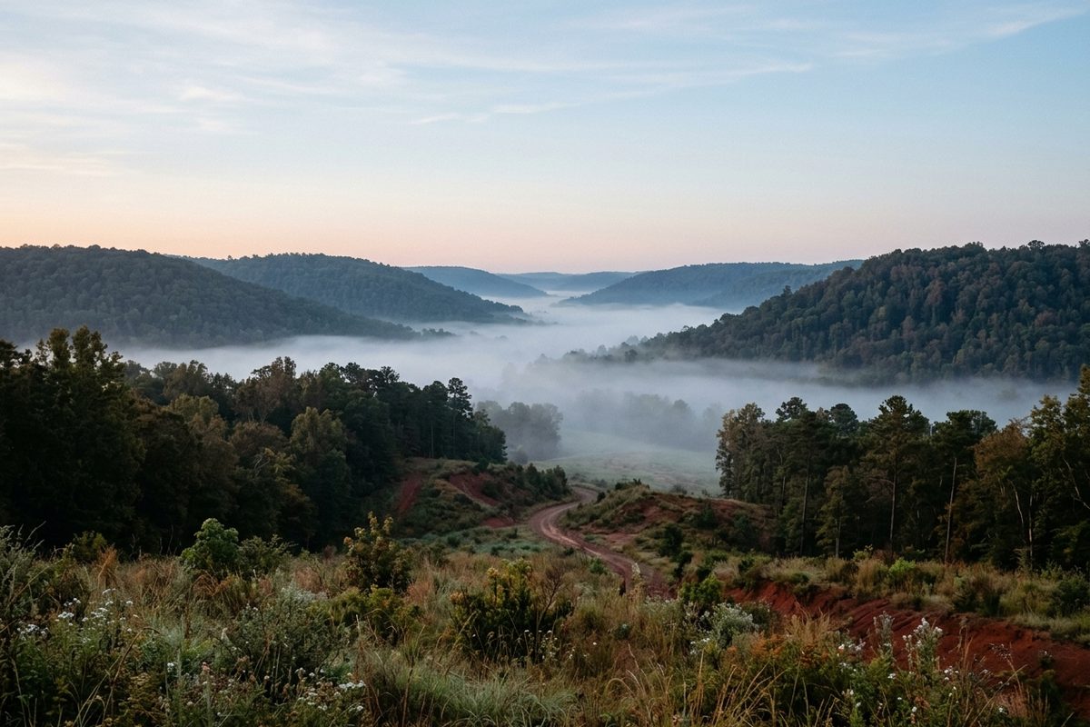 Valley at first light with a flat layer of mist filling the low ground and clear sky above the ridges
