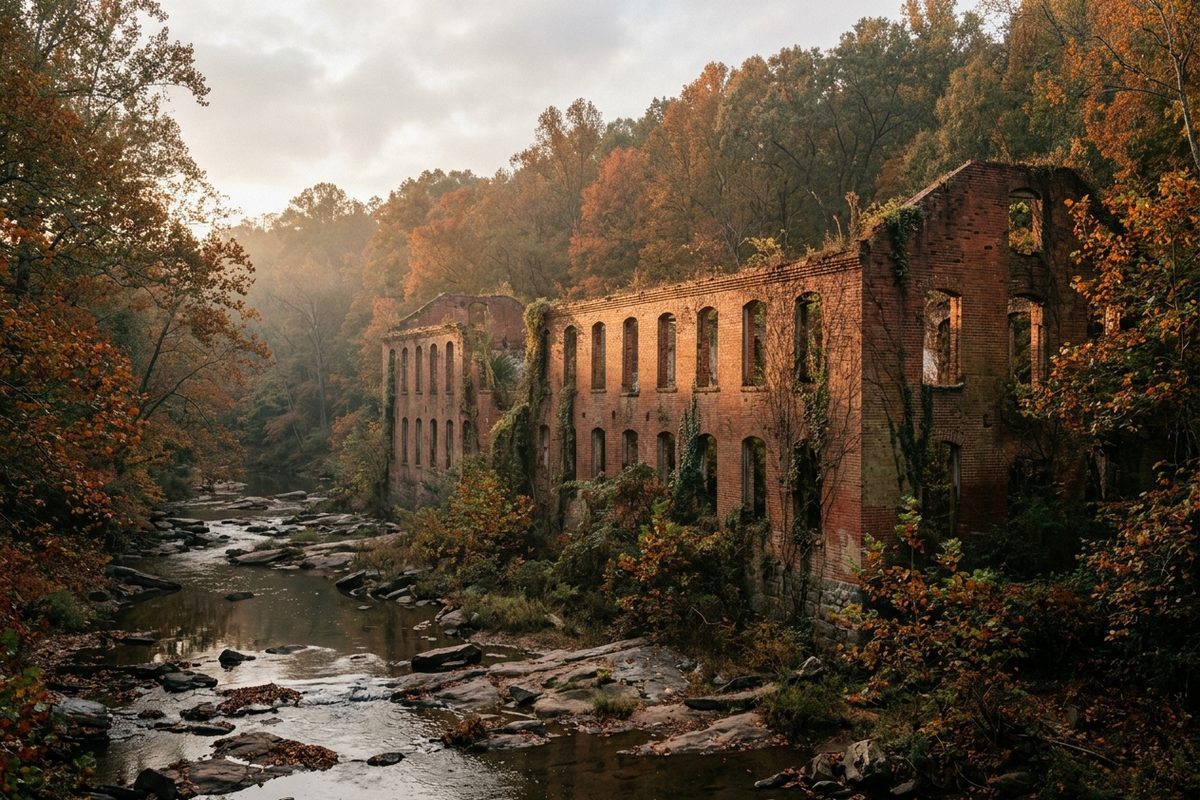 Five storey brick ruin with empty window openings rising out of autumn woodland beside a rocky creek