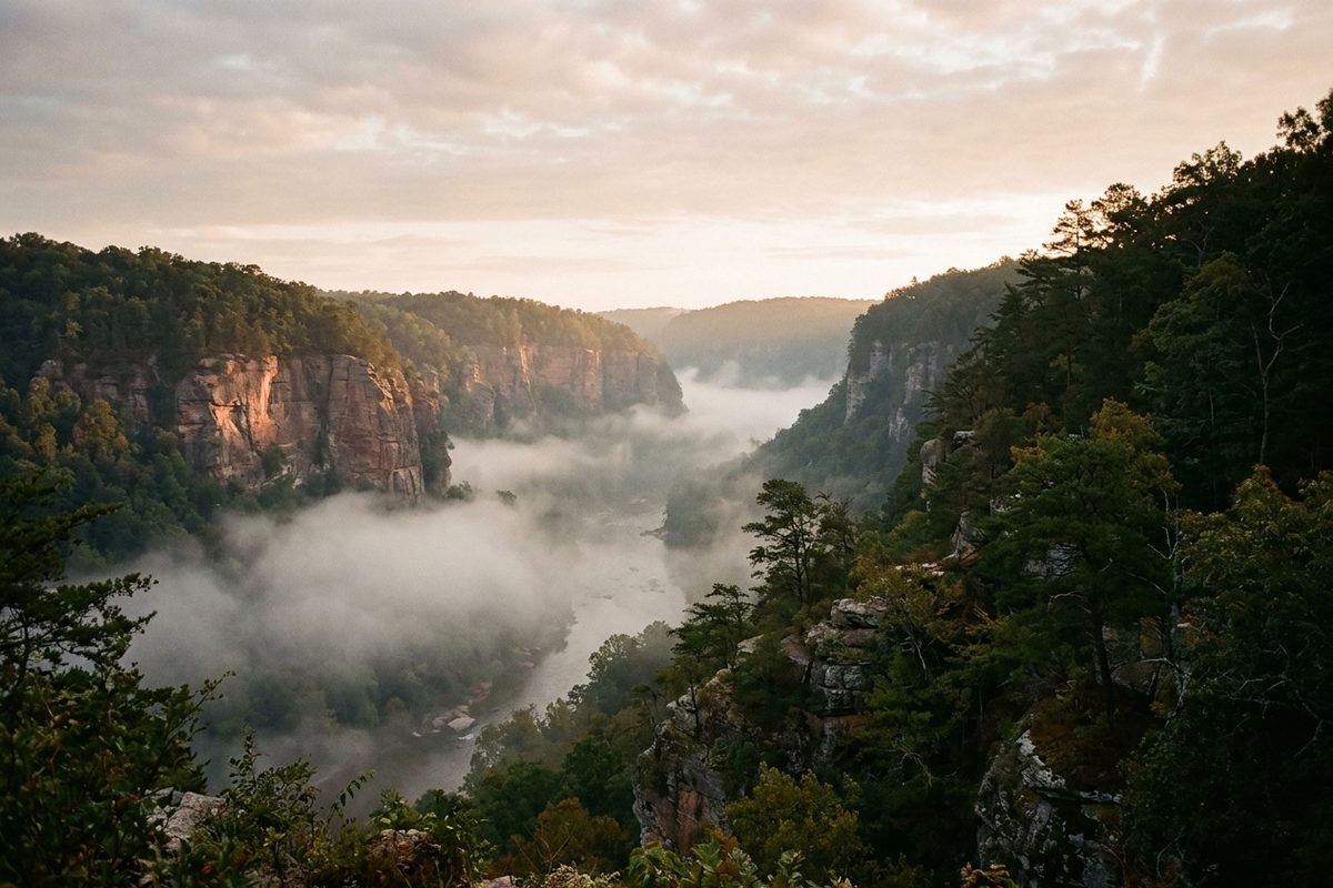 View along a deep river gorge at sunrise with layered haze in the bottom and bare rock faces catching first light