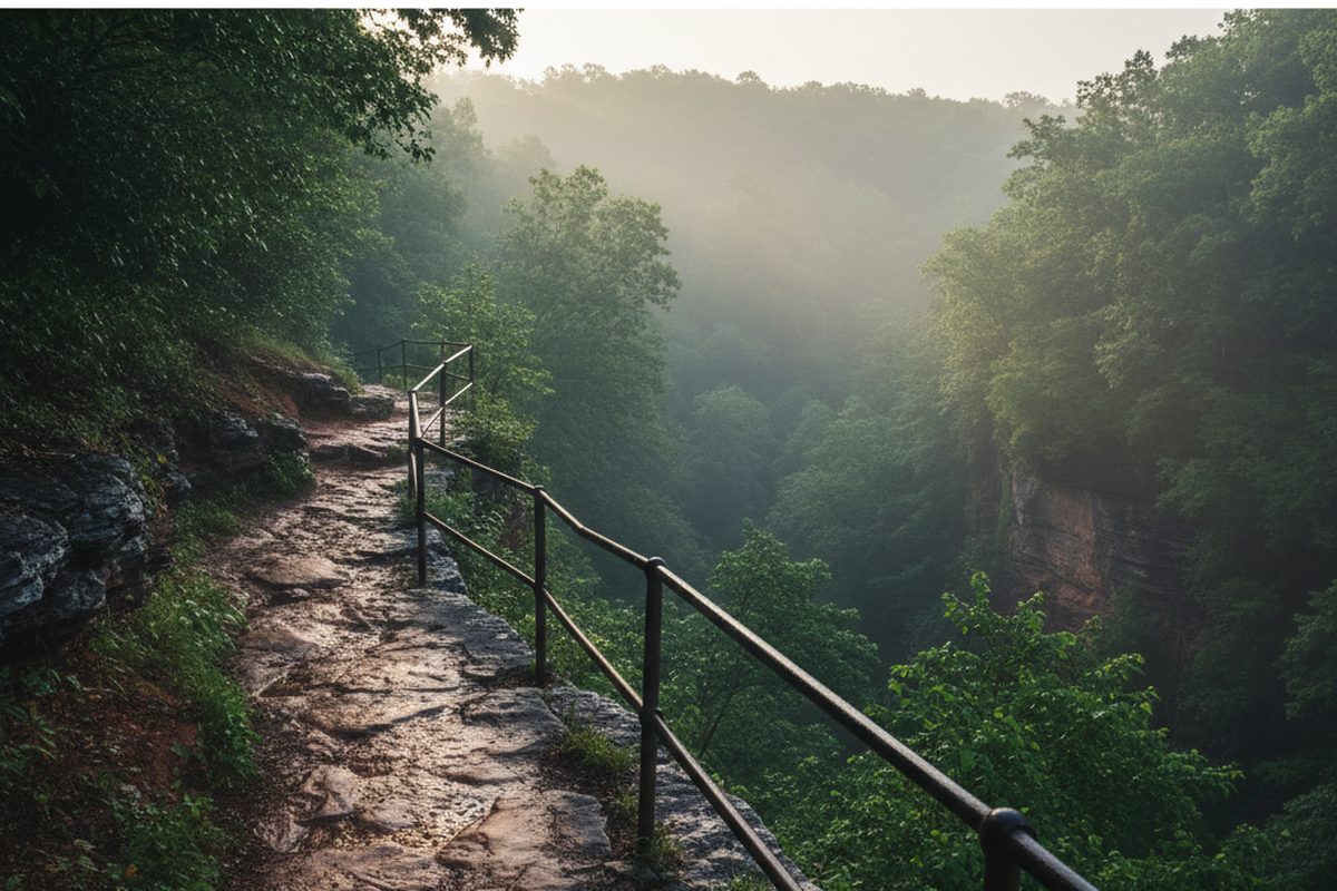 Narrow rock rim path with a metal railing above a steep drop into a wooded gorge in early light