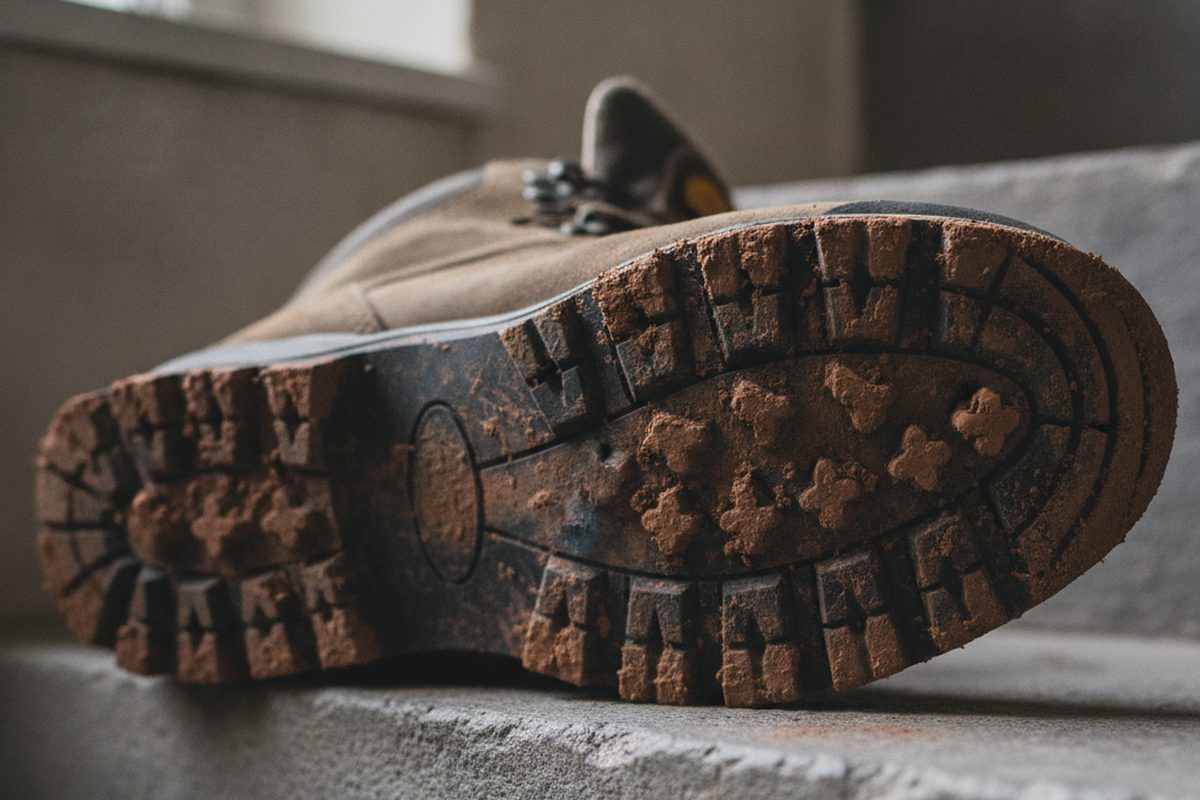 Muddy boot sole on wet red clay showing deep tread packed with mud